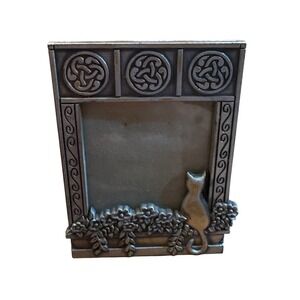 Pewter Tone Cat and Flowers Celtic Knot Small Picture Frame Silver Metal Vintage